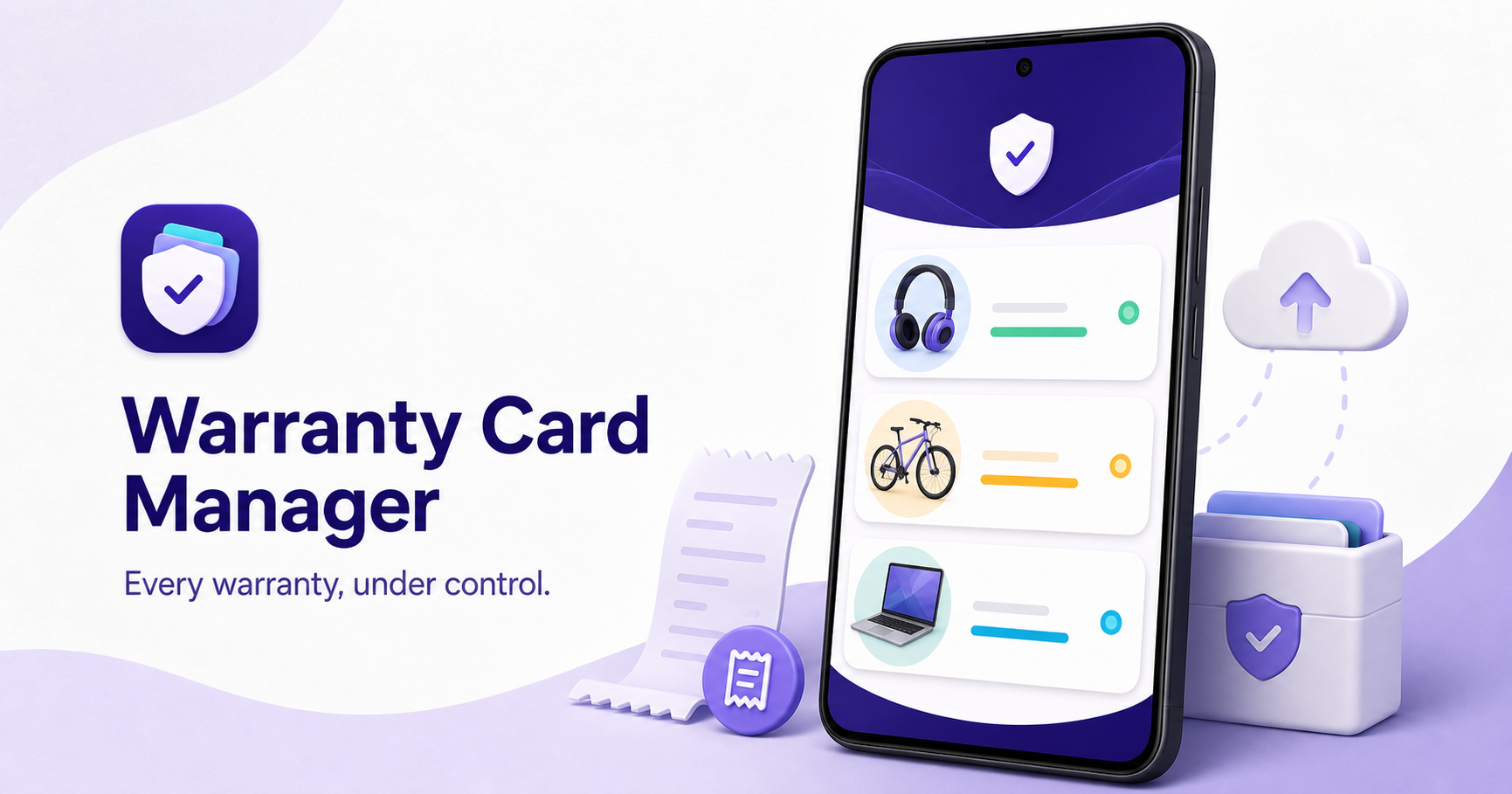 Warranty Card Manager shown on an Android phone